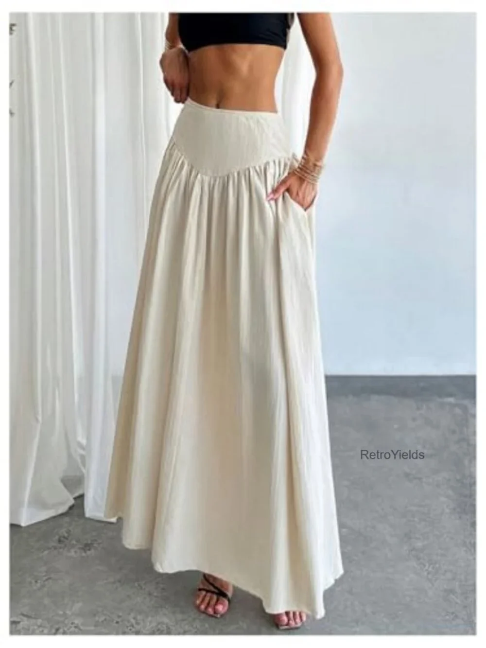 High Waist Pleated Flowy Maxi Skirt with Pockets - Picture 3 of 6